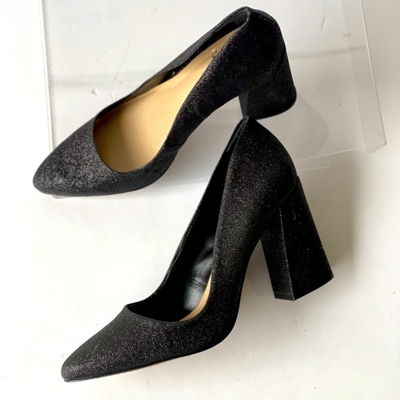 Vince Camuto Black Glitter Pumps Heels Block Heels Pointed Toe, Sz 8M - Picture 5 of 14